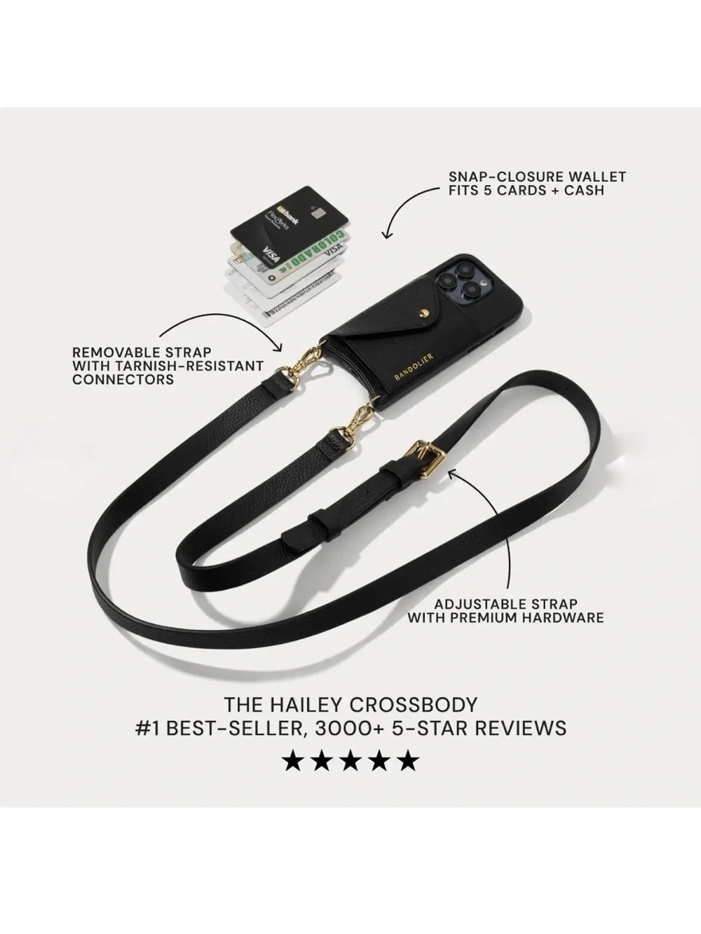 Bandolier Hailey Crossbody iPhone 13 Pro Wallet Black Leather Adjustable Strap